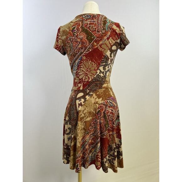 Ralph Lauren Petite Short Sleeve V Neck Dress Brown Red Print Classic Size PXS - Picture 7 of 7